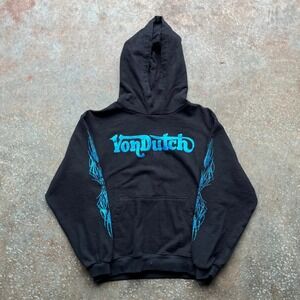 Y2K Von Dutch Mens Black Hoodie Blue Logo Pinstripe Sleeve Graphic Medium USA